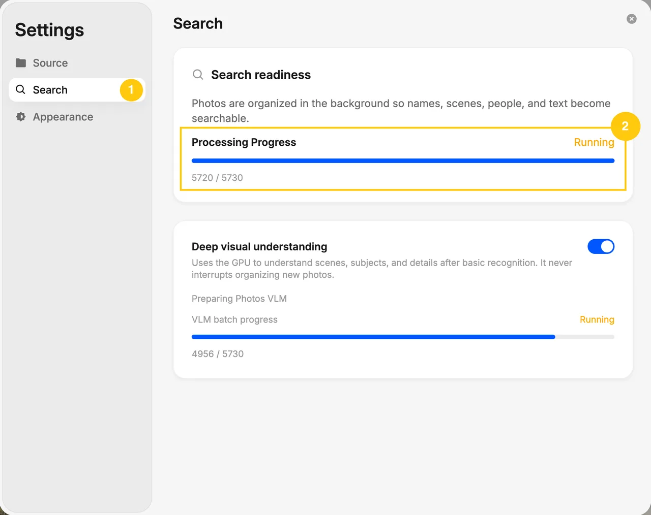 Photos search settings showing search readiness progress and the Deep visual understanding option
