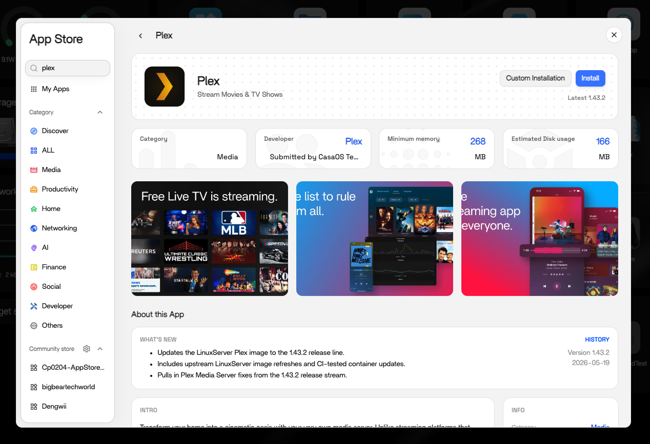 Plex app card in the ZimaOS App Store showing the install button and app details