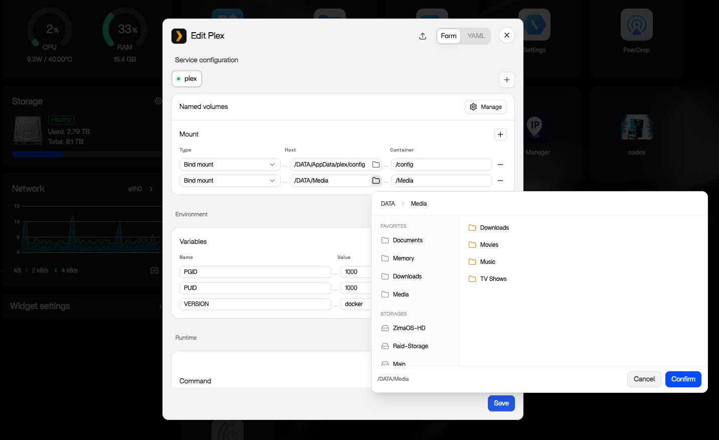 Plex app settings in ZimaOS showing the config and media volume paths with edit buttons