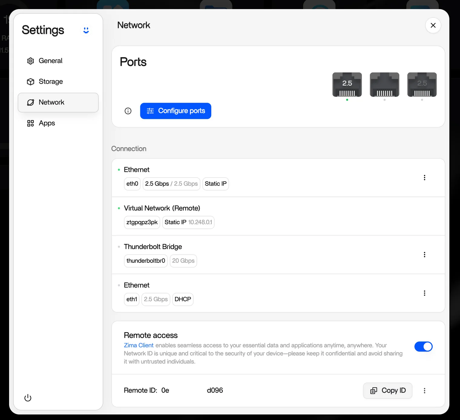 ZimaOS Settings Network tab showing the device Remote ID with the copy option
