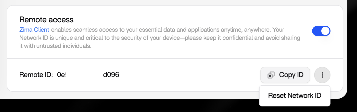 ZimaOS Settings Network tab showing the reset option for the device Remote ID