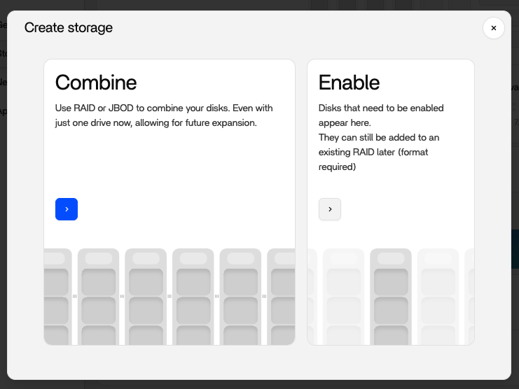 ZimaOS storage setup wizard opened from the Combine button, showing disk configuration options