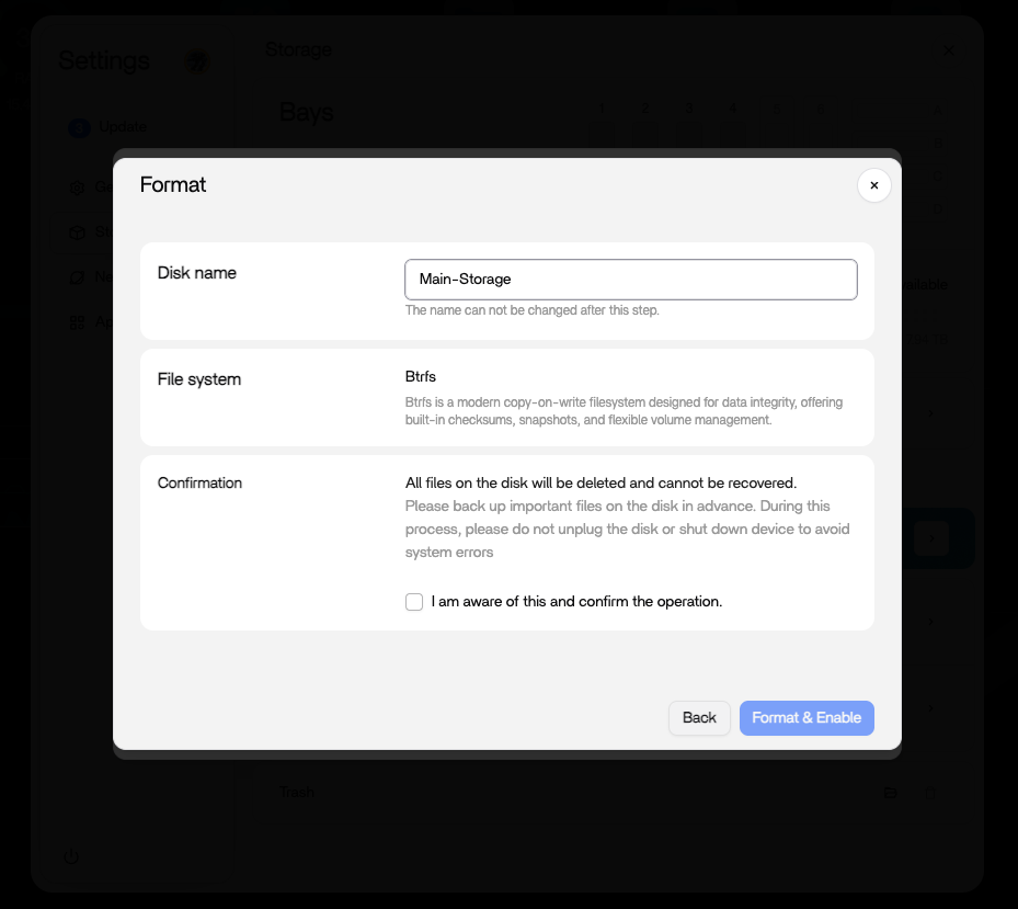 ZimaOS storage creation screen where you select drives, name the array, and confirm the setup