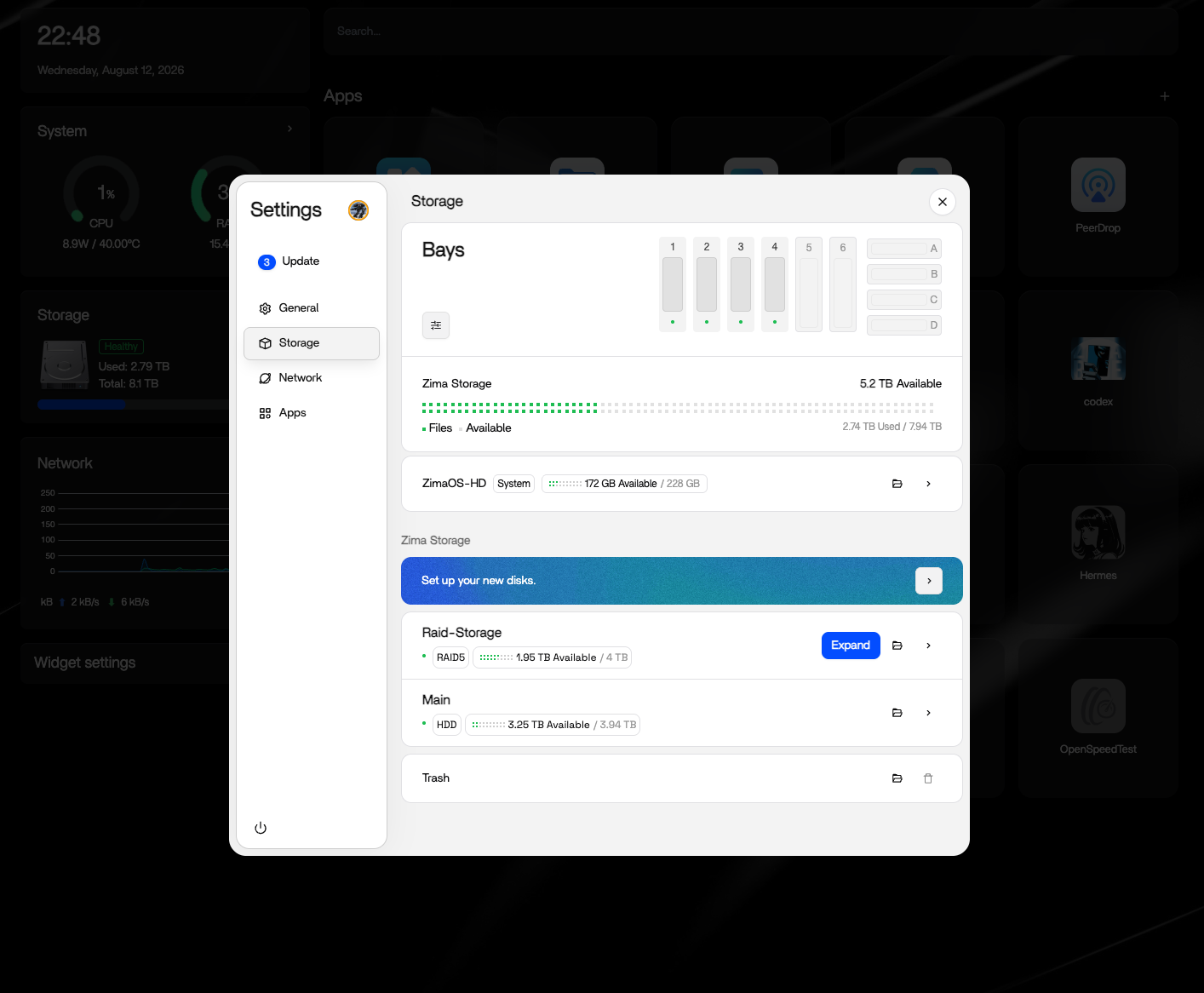 ZimaOS storage dashboard in Settings showing the overview of disks, storage spaces, and options