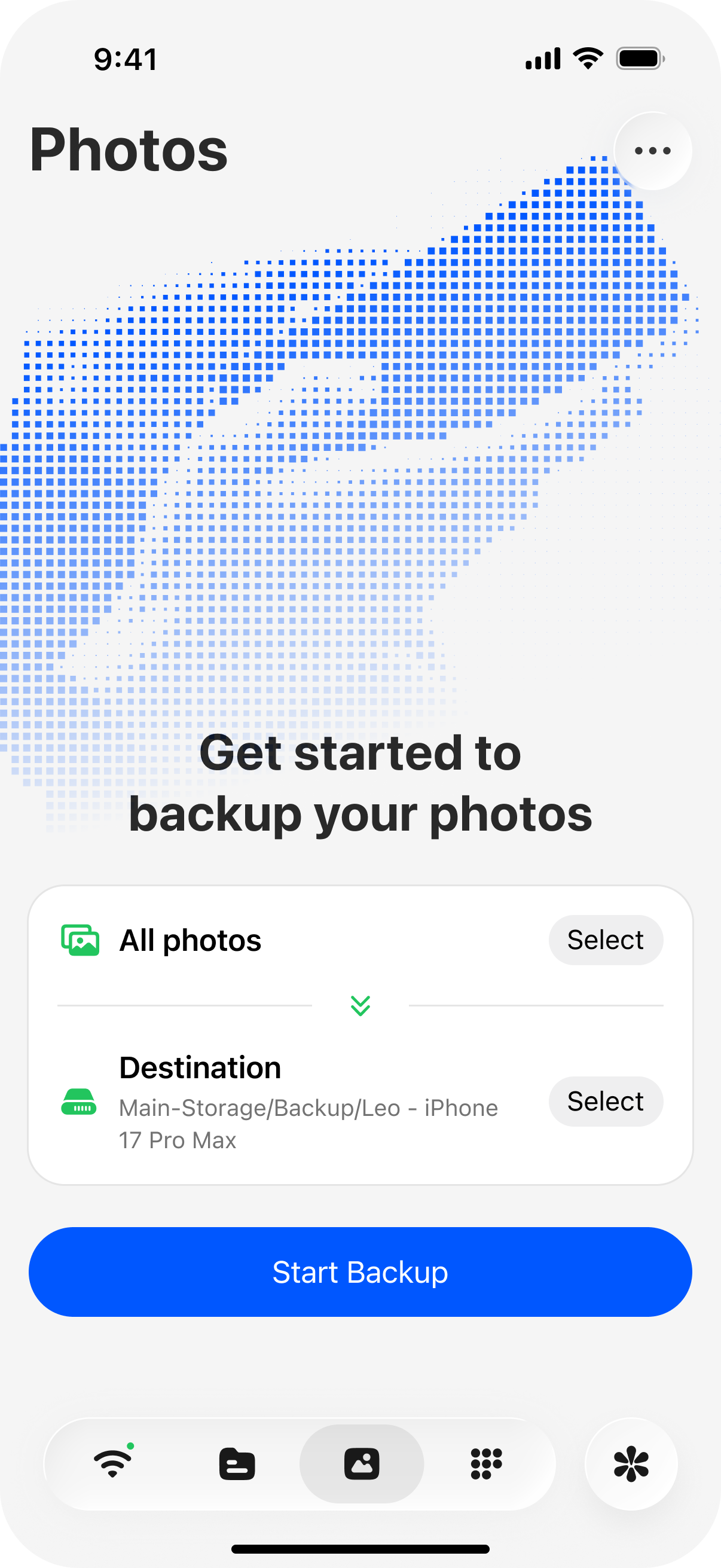 ZimaClient backup settings page showing options for what the photo backup includes