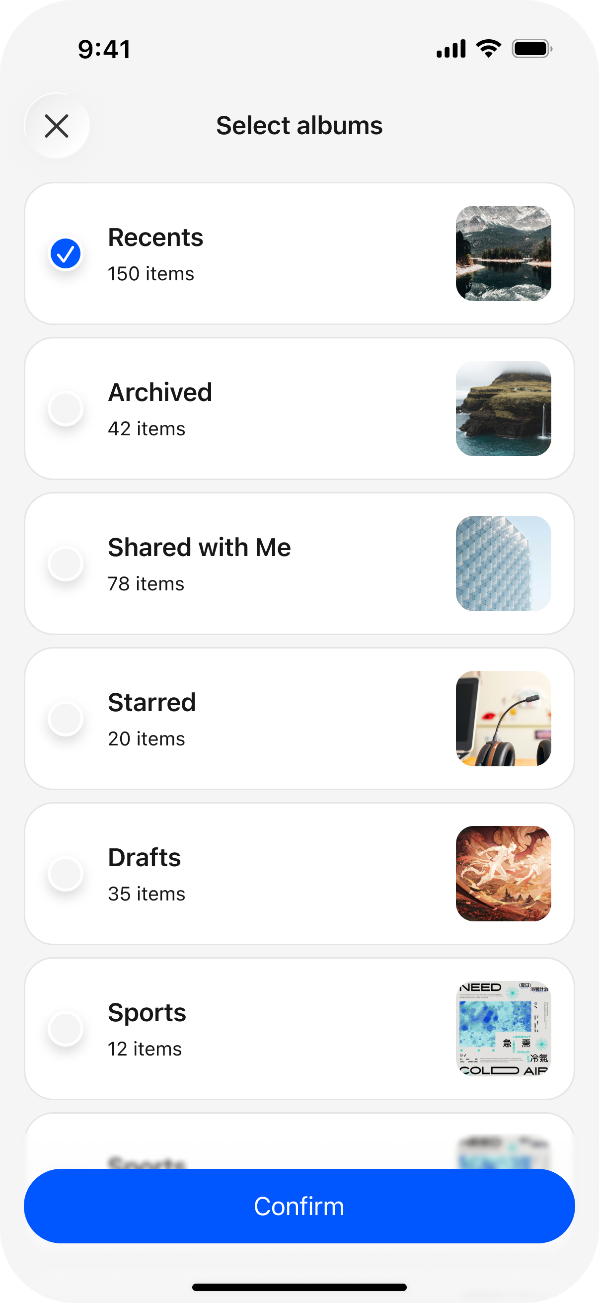 ZimaClient album selection screen listing iOS Photos albums with checkboxes