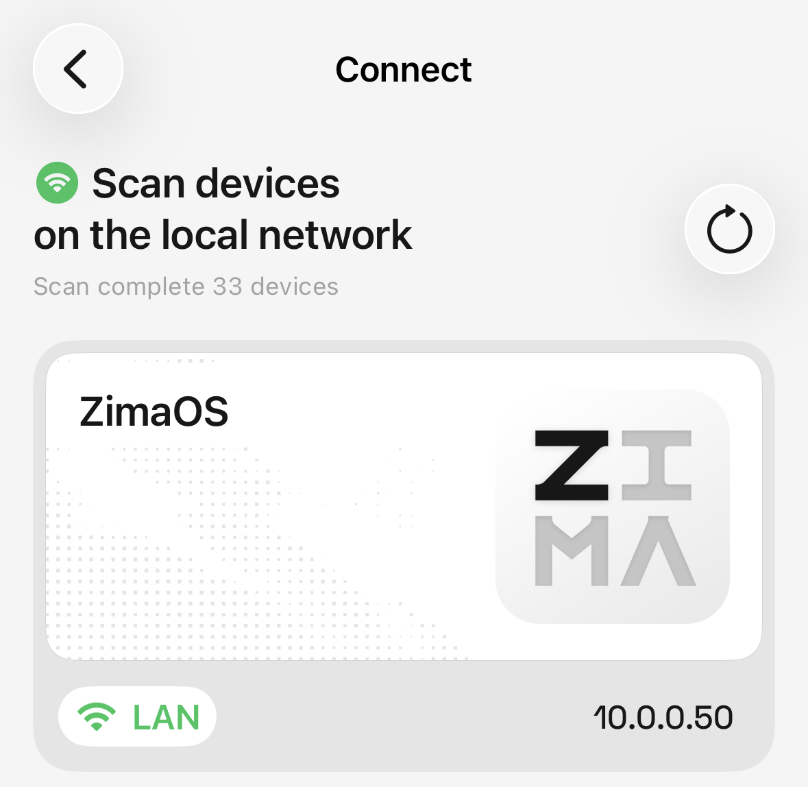 ZimaClient device panel showing the home server IP, connection status, and the dashboard button