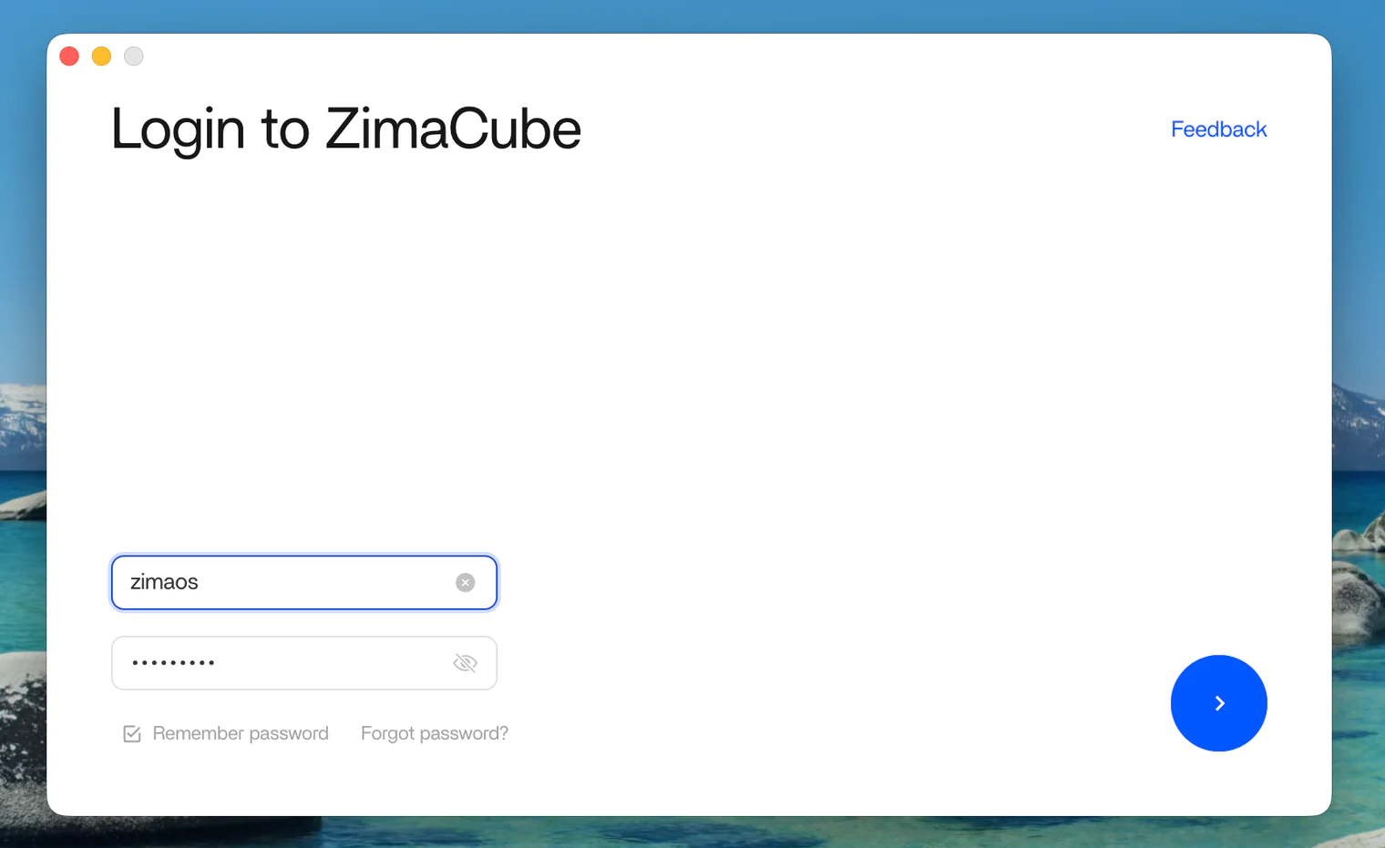 ZimaClient desktop sign-in screen with the ZimaOS account username and password fields