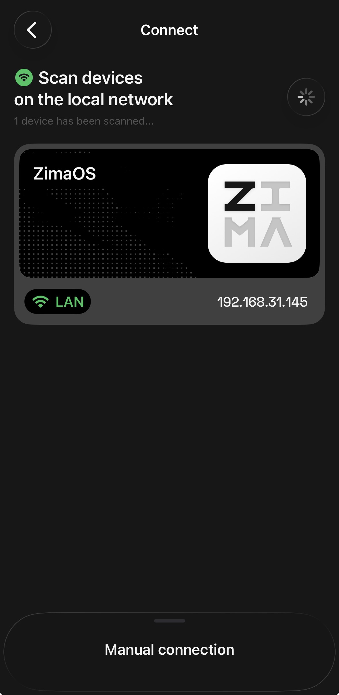 ZimaClient device discovery screen showing NAS devices running ZimaOS found on the local network