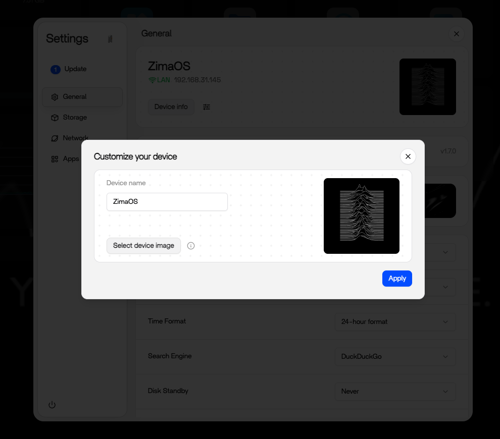 ZimaOS Settings General page with custom device icons, one styled after the pulsar wave album cover