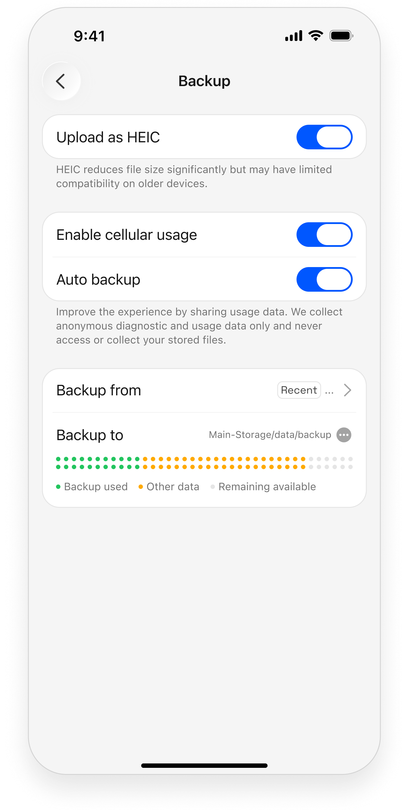ZimaClient backup options showing Live Photo support, backup switches, and destination space