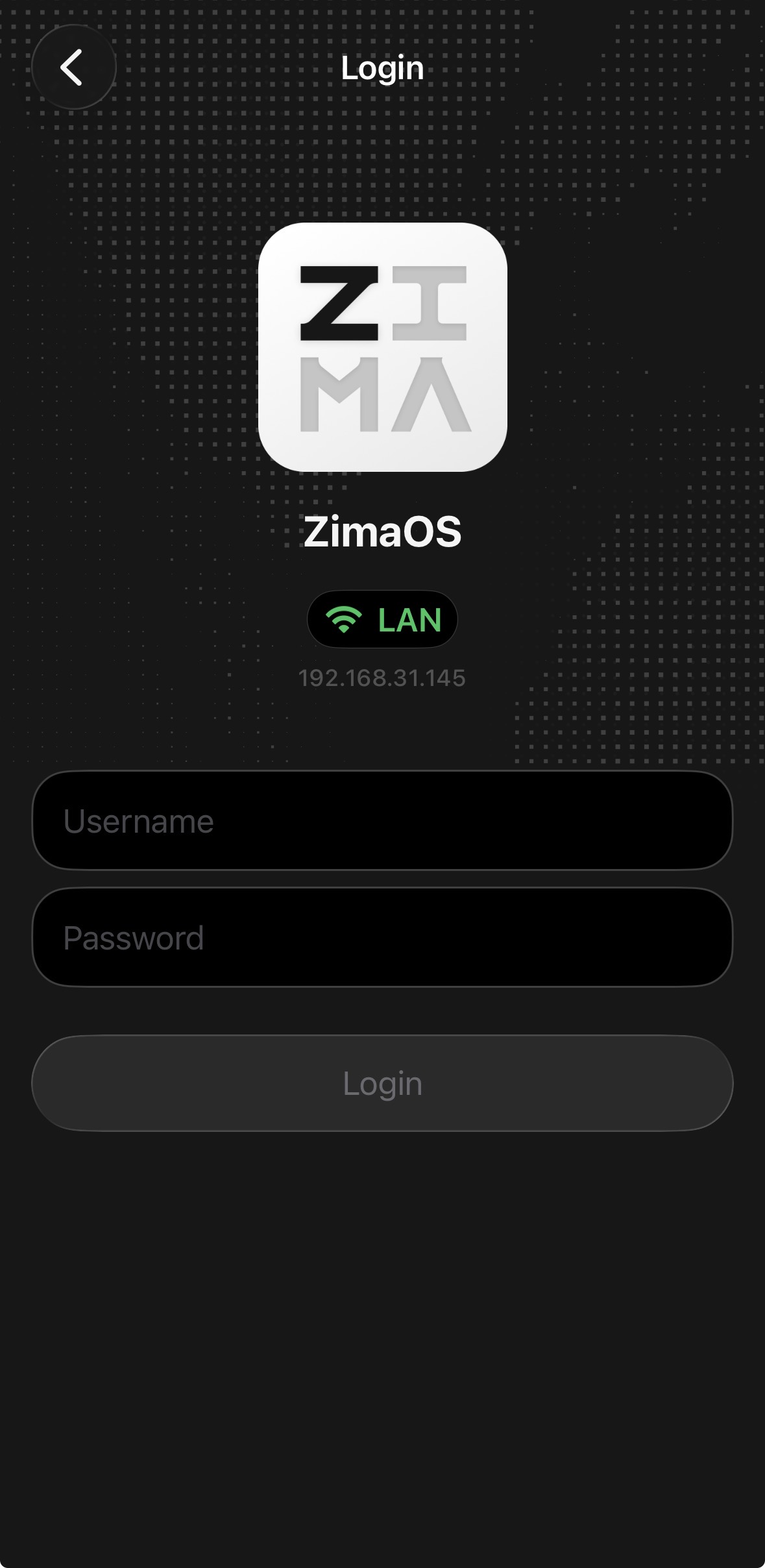 ZimaClient sign-in screen with the ZimaOS account username and password fields