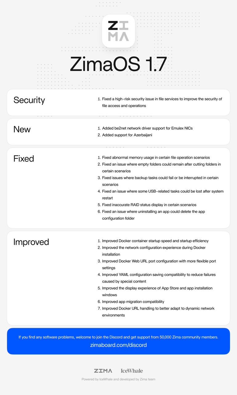 ZimaOS V1.7.1 release notes covering security, network driver support, reliability fixes, and Docker improvements