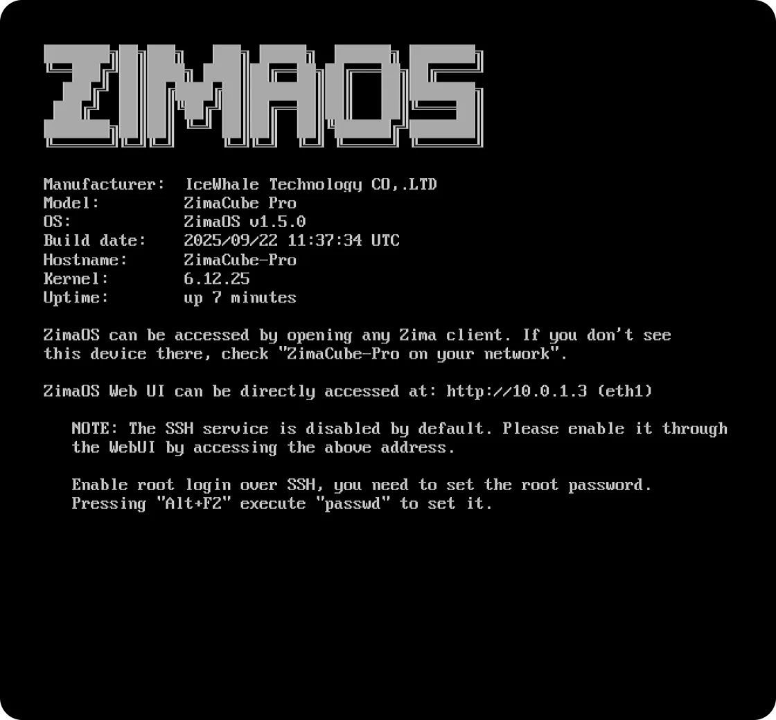The ZimaOS system information terminal