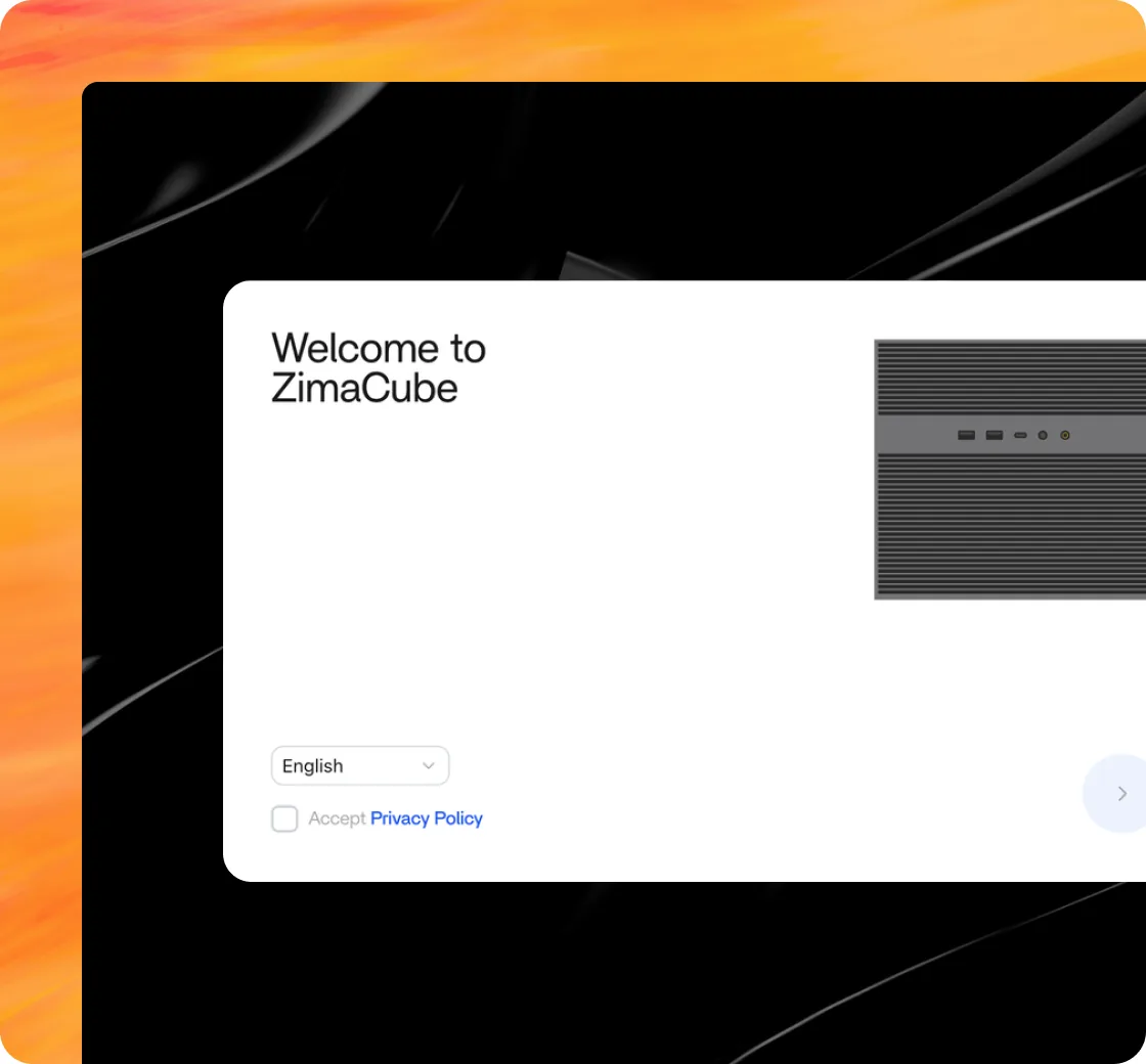 The ZimaOS first-boot welcome screen on a ZimaCube