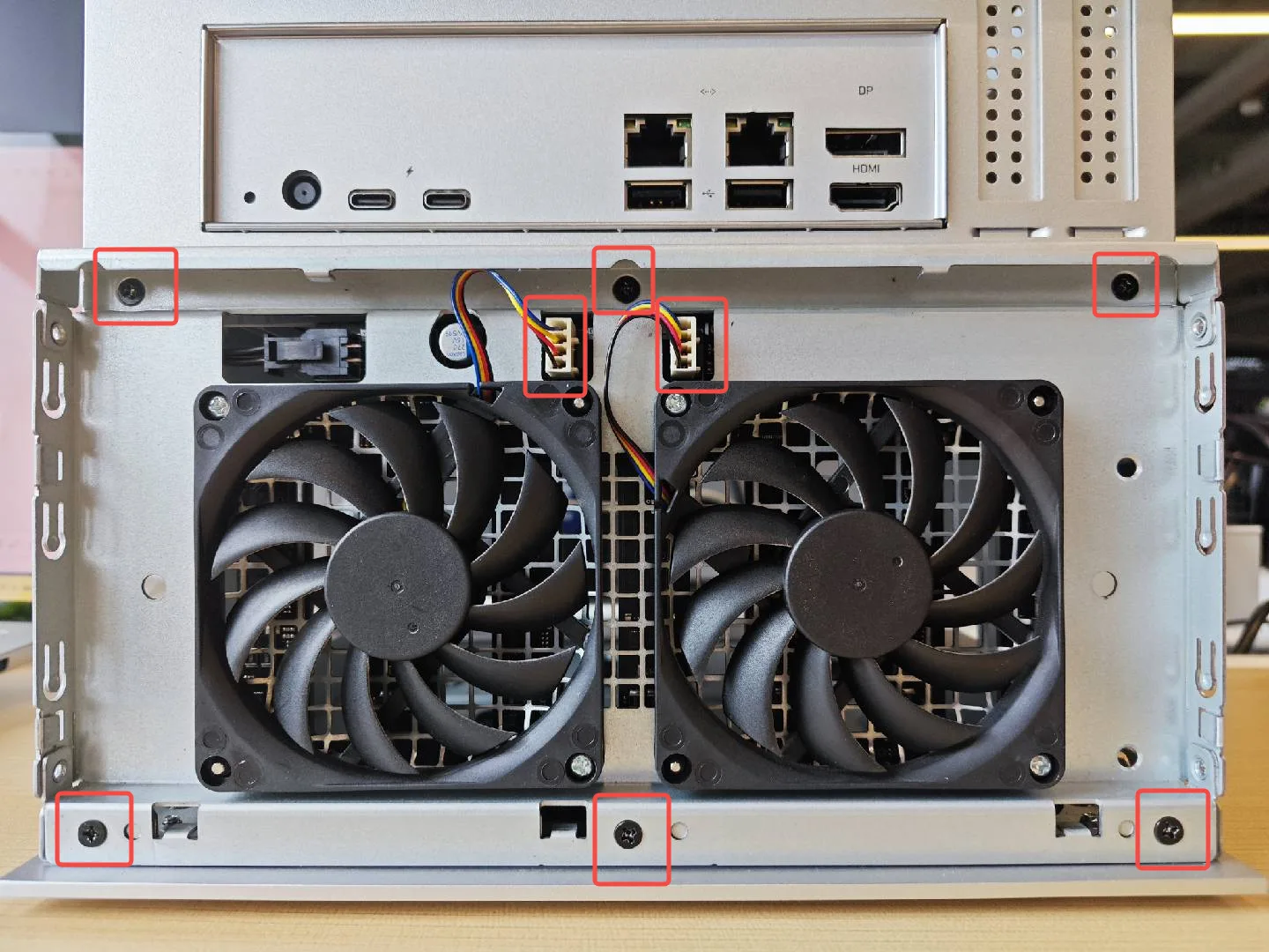 Rear bracket screws and fan connectors marked