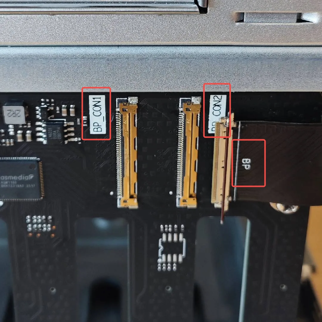 Backplane slots labeled BP CON1 and BP CON2