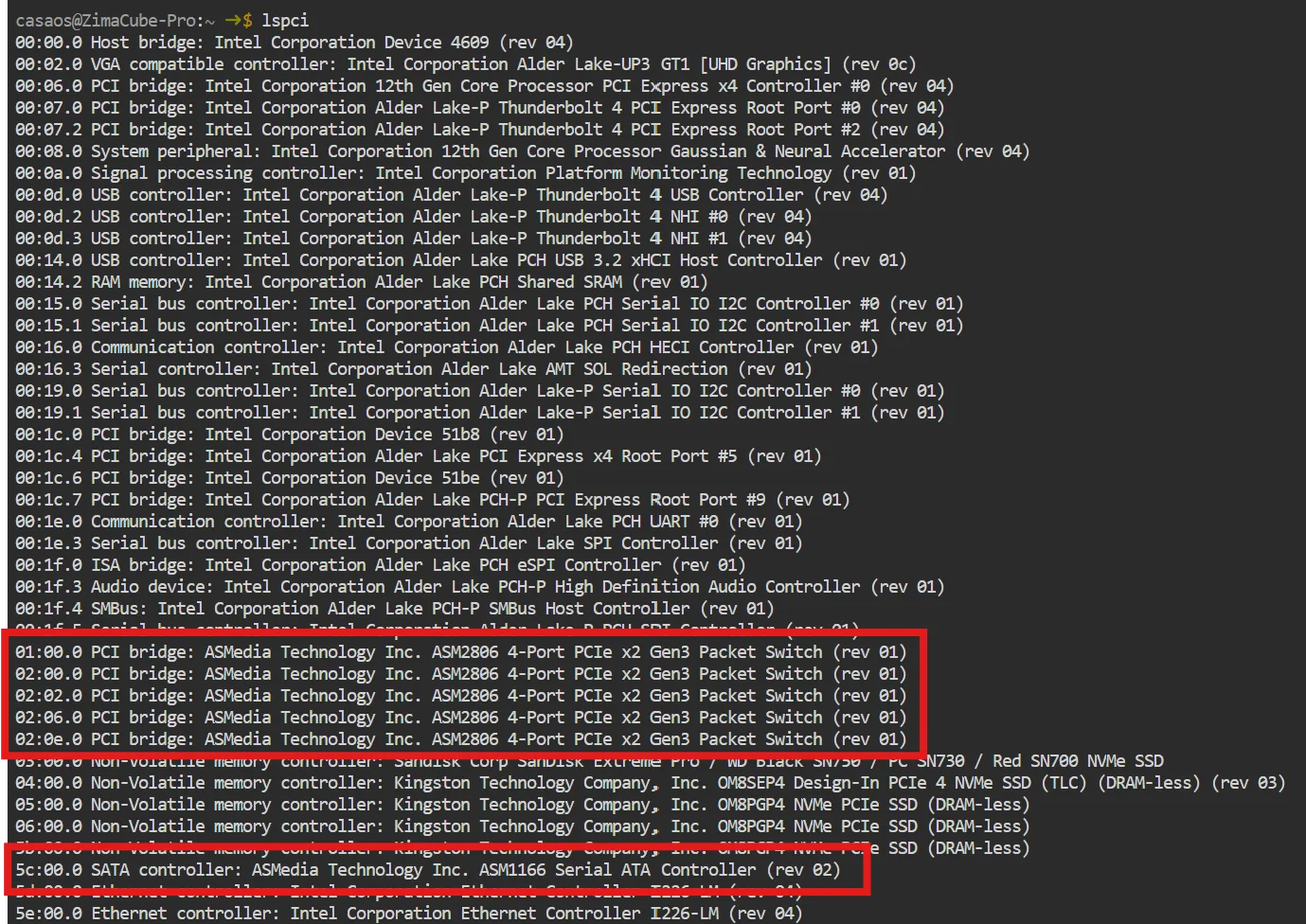 Terminal output of lspci showing the ASMedia devices