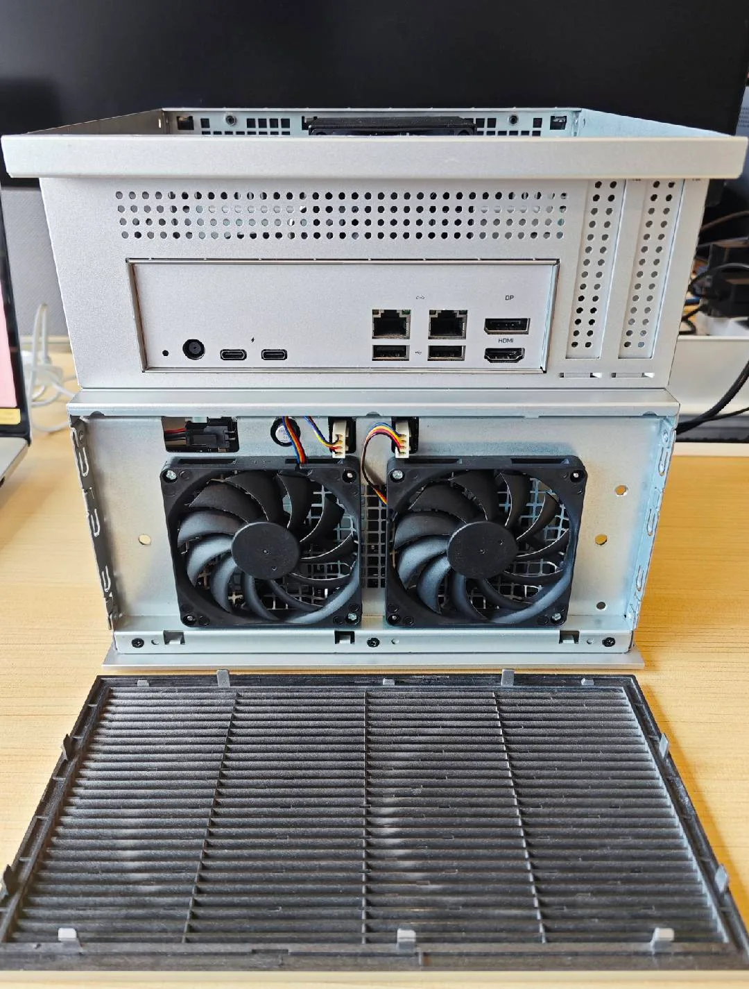 Rear panel removed, exposing the fans