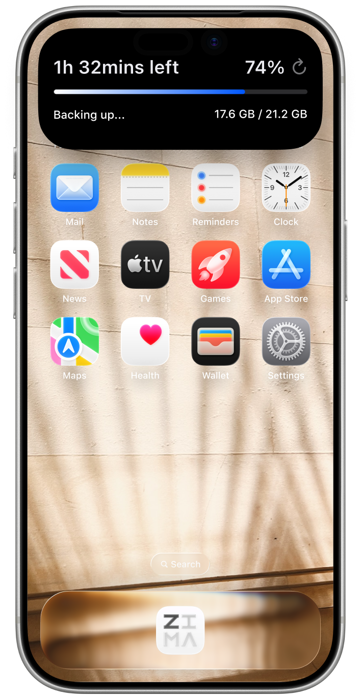 Zima Client backup status on a phone
